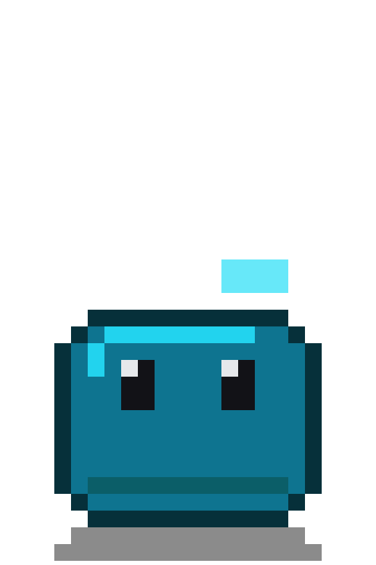 Tid da Bit, a teal pixel-art block with a blinking cursor over its head, hopping